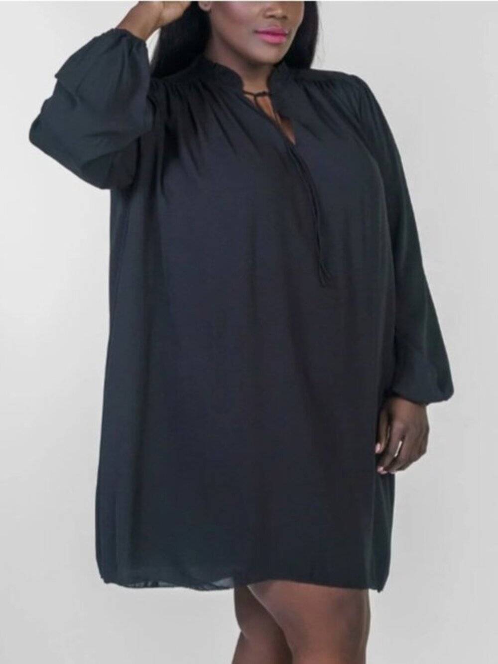 Maree Pour Toi Shift Dress Black Minimalist Smocked Tie Neck Long Sleeve Chiffon